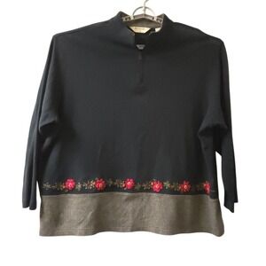 Bechamel Womens 3X Black Quarter Zip Embroidered Hem Top Long Sleeve